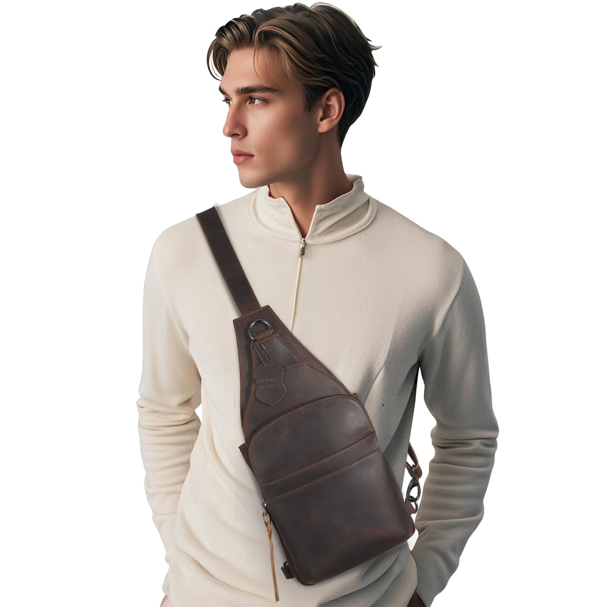 Concealed Carry Unisex Dakota Leather Sling in Cognac / Regular – worn by model 8