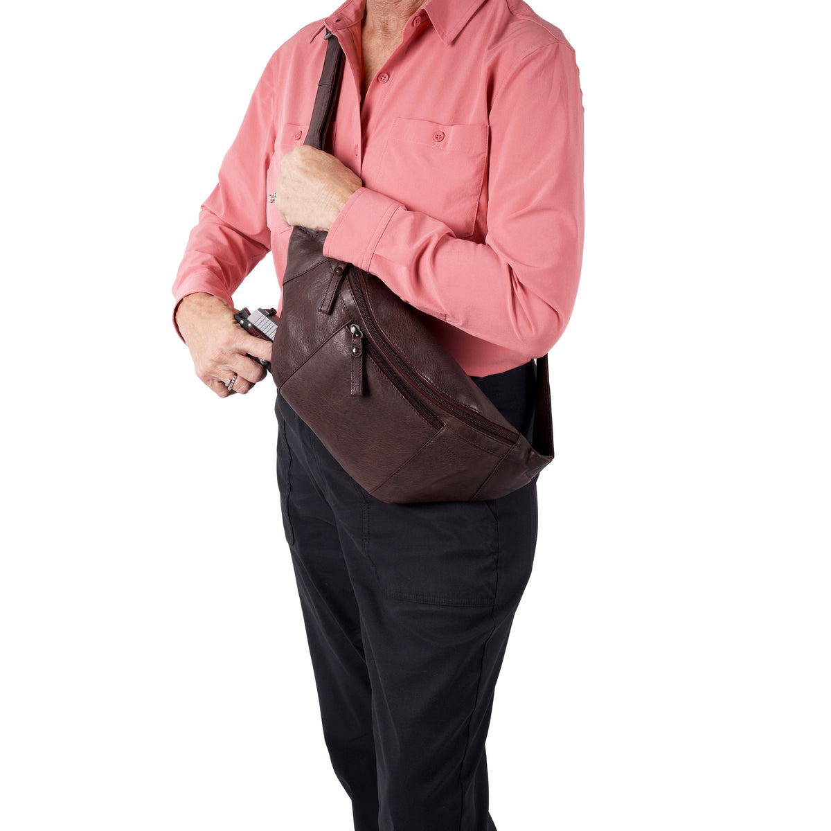 Concealed Carry Charlie Magnetic Leather Sling in Dark Brown – worn by model 2