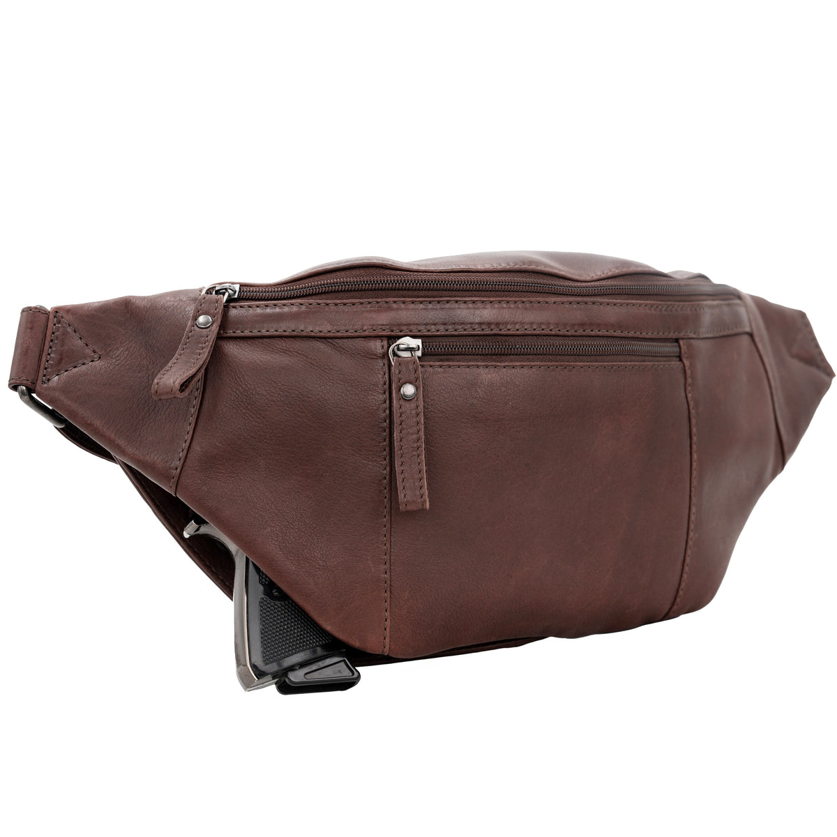 Concealed Carry Charlie Magnetic Leather Sling in Dark Brown – shown with handgun