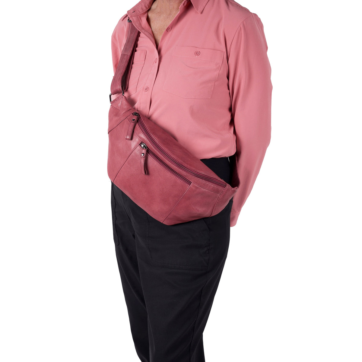 Concealed Carry Charlie Magnetic Leather Sling in Plum – worn by model