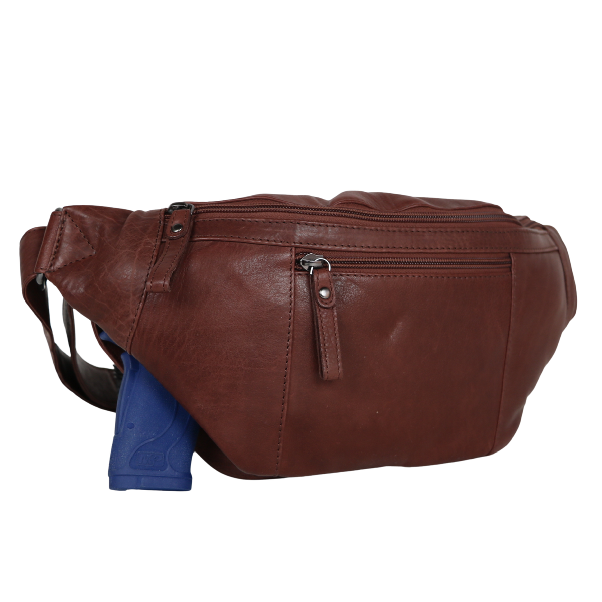 Concealed Carry Charlie Magnetic Leather Sling in Plum – shown with handgun