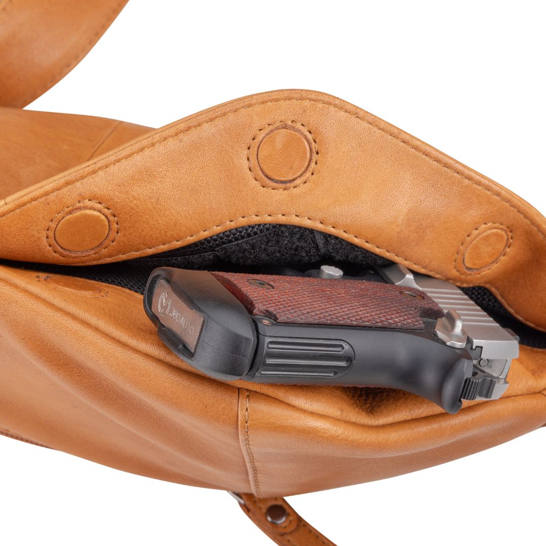 Concealed Carry Charlie Magnetic Leather Sling in Tan – concealment pocket