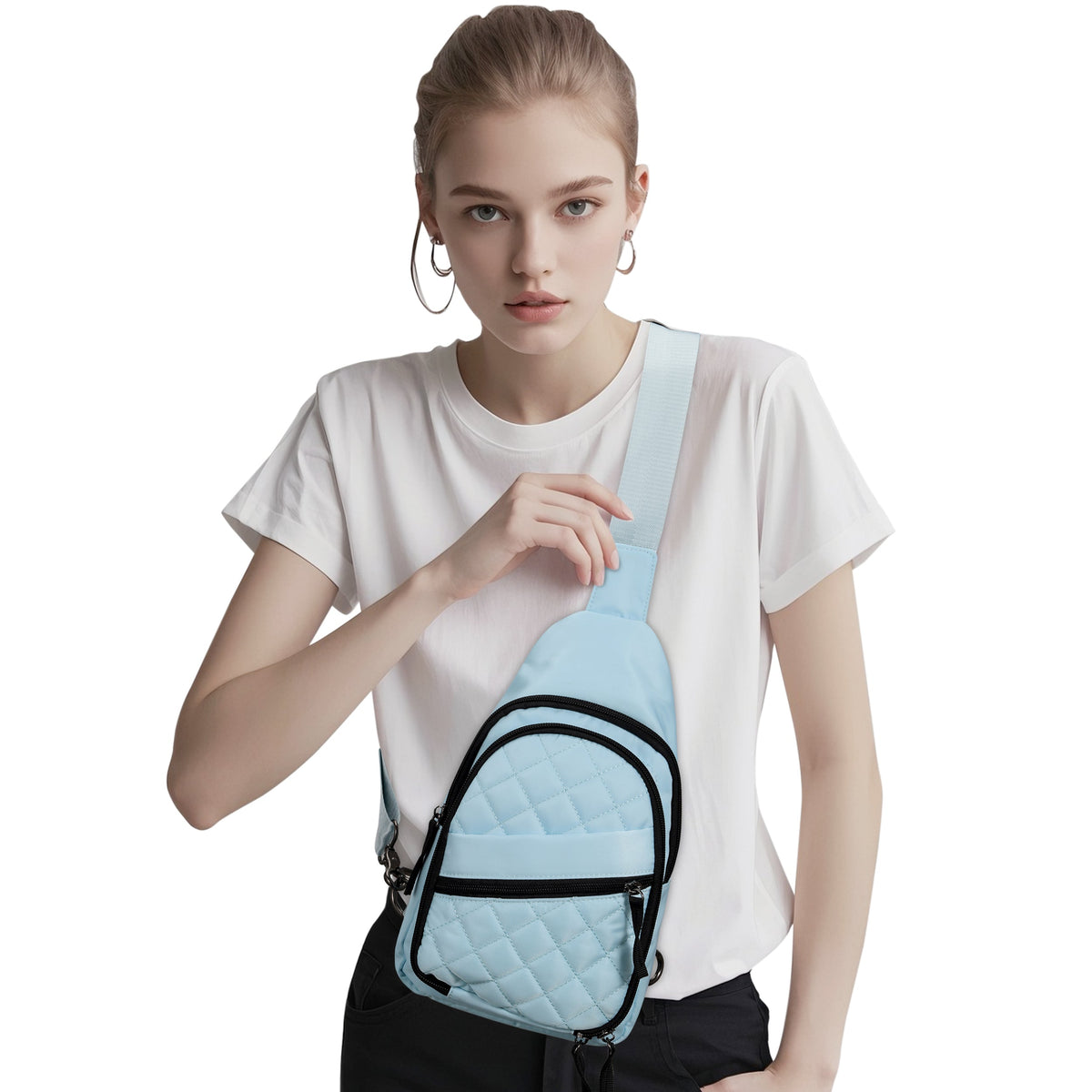 Concealed Carry Sarah Nylon Sling in Aqua – worn by model 2