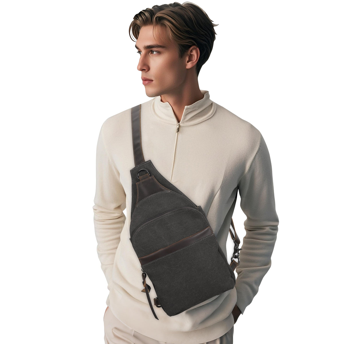 Concealed Carry Sling Bag in Dark Brown – worn by model 2