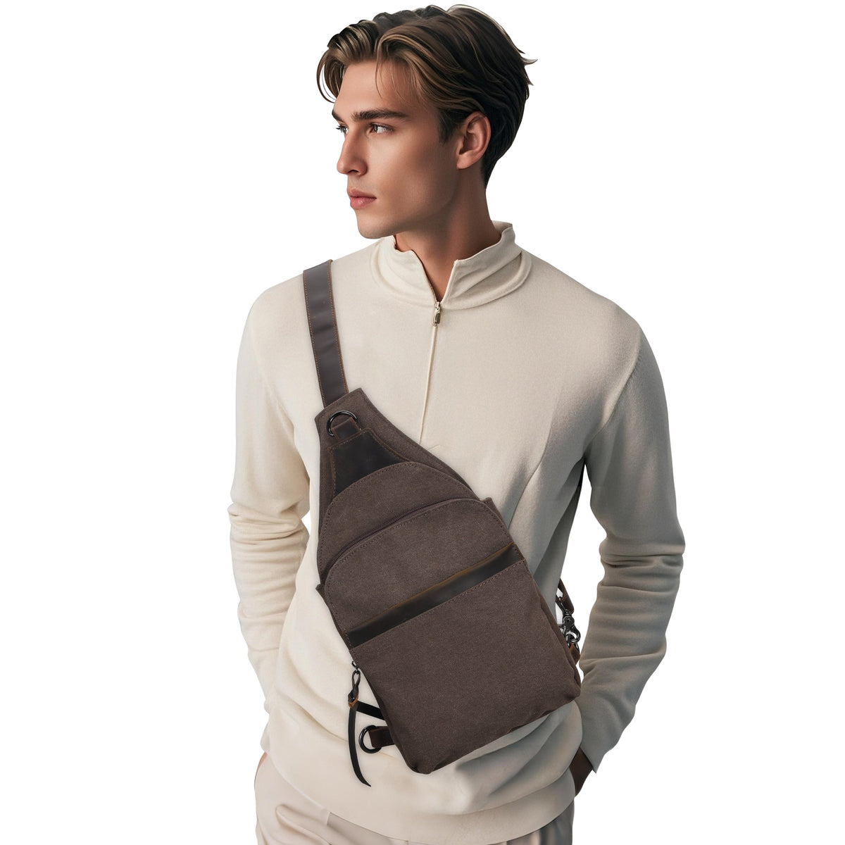 Concealed Carry Sling Bag in Dark Brown – worn by model