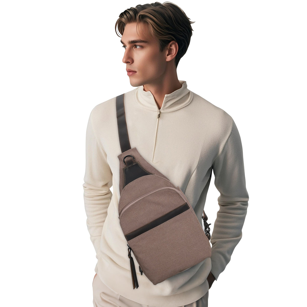 Concealed Carry Sling Bag in Light Brown – worn by model