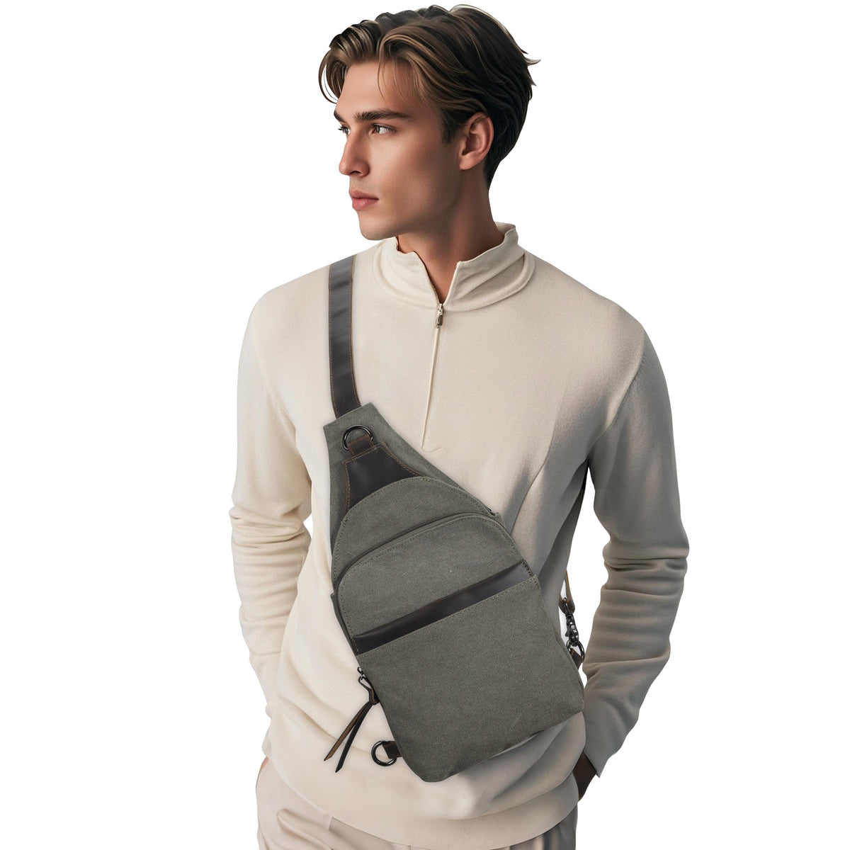 Concealed Carry Sling Bag in Olive – worn by model