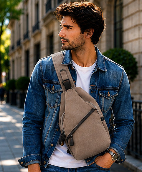Concealed Carry Colt Canvas Sling in Light Brown – worn by model 2