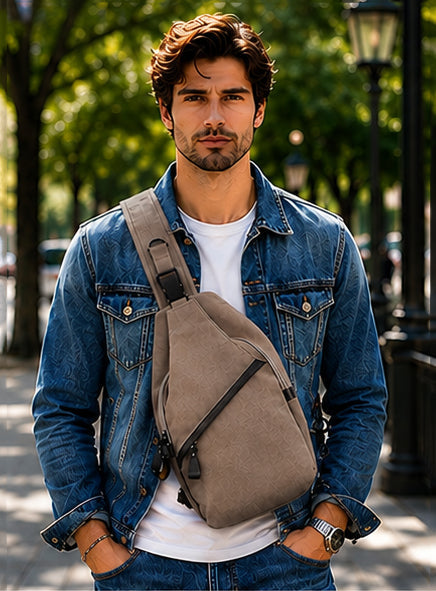 Concealed Carry Colt Canvas Sling in Light Brown – worn by model