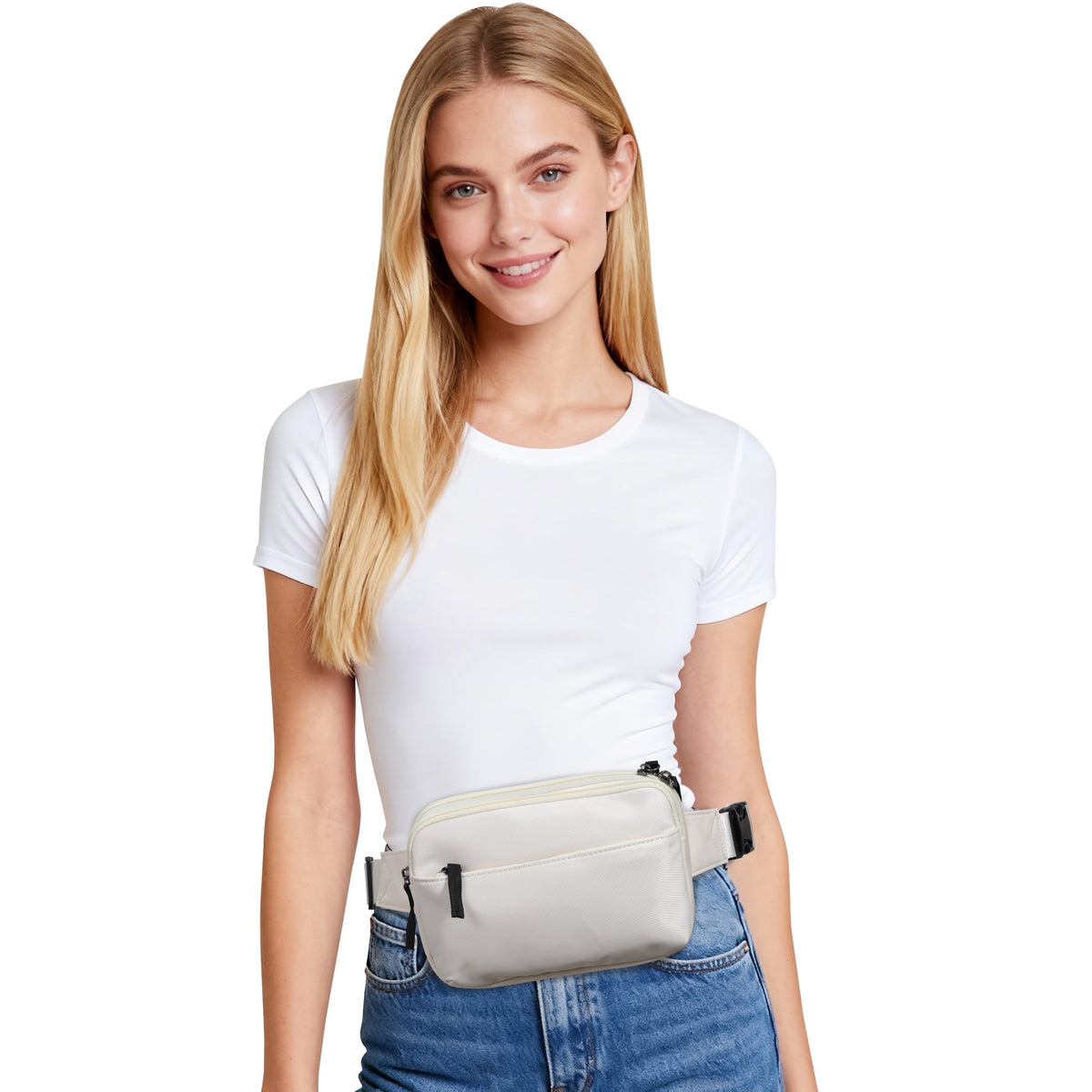 Concealed Carry Molly Nylon Fanny Pack/Sling in Cream – worn by model 2