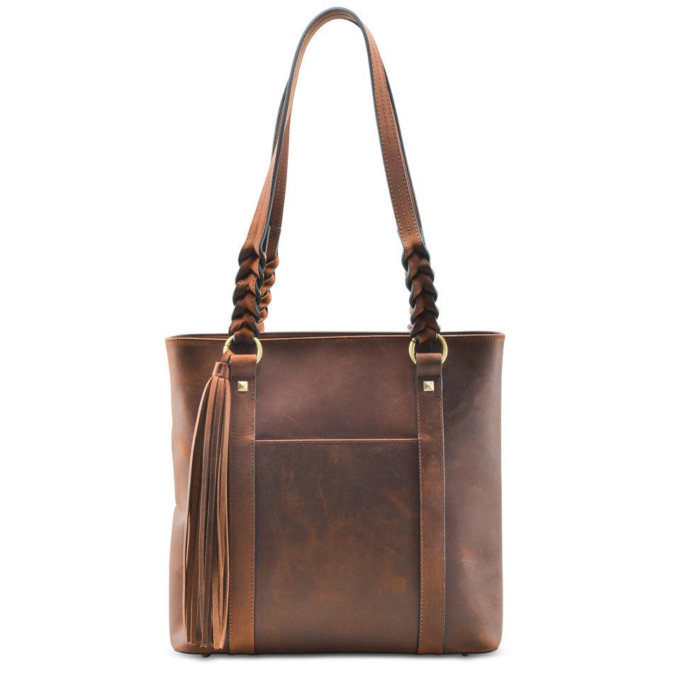 Bella Concealed Carry Leather Tote in Distressed Brown – front view