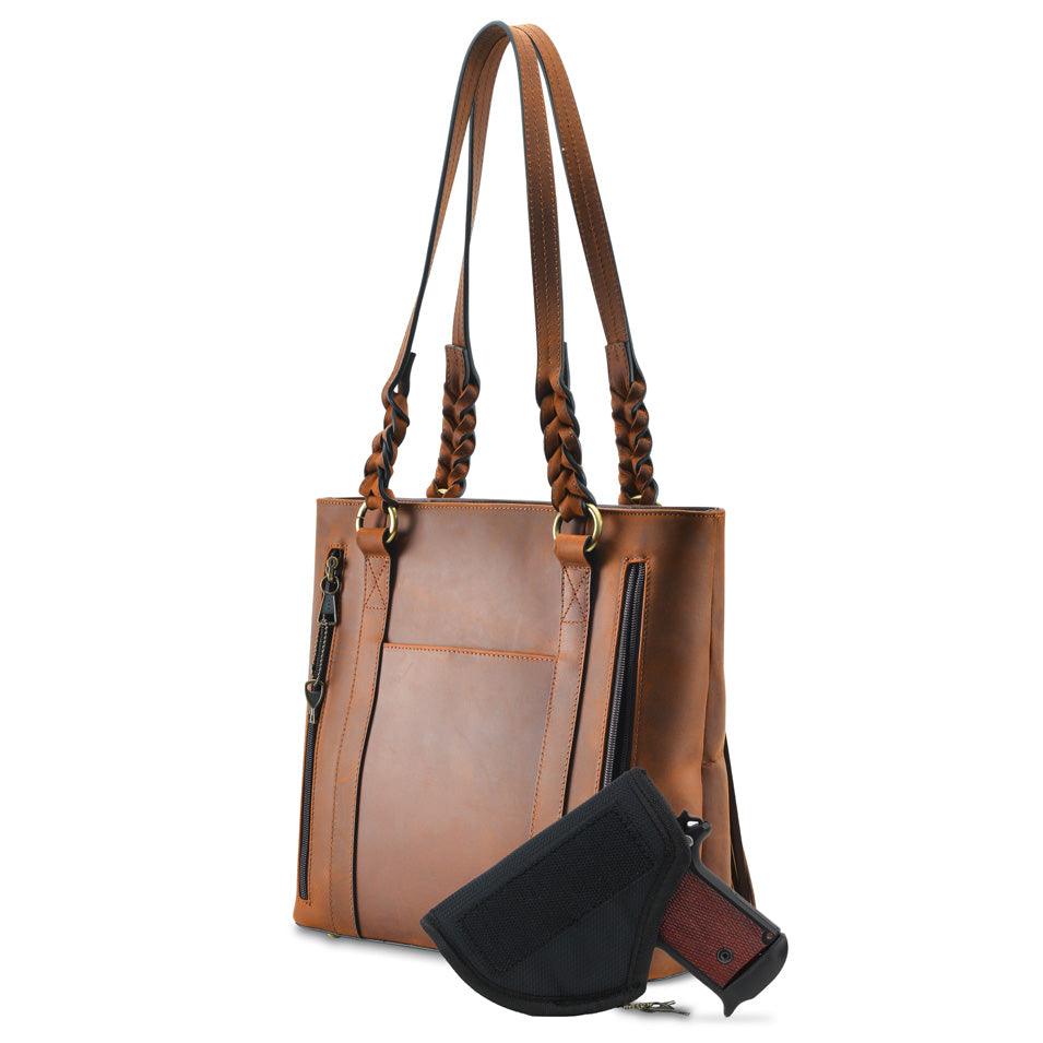 Bella Concealed Carry Leather Tote in Distressed Brown – shown with handgun