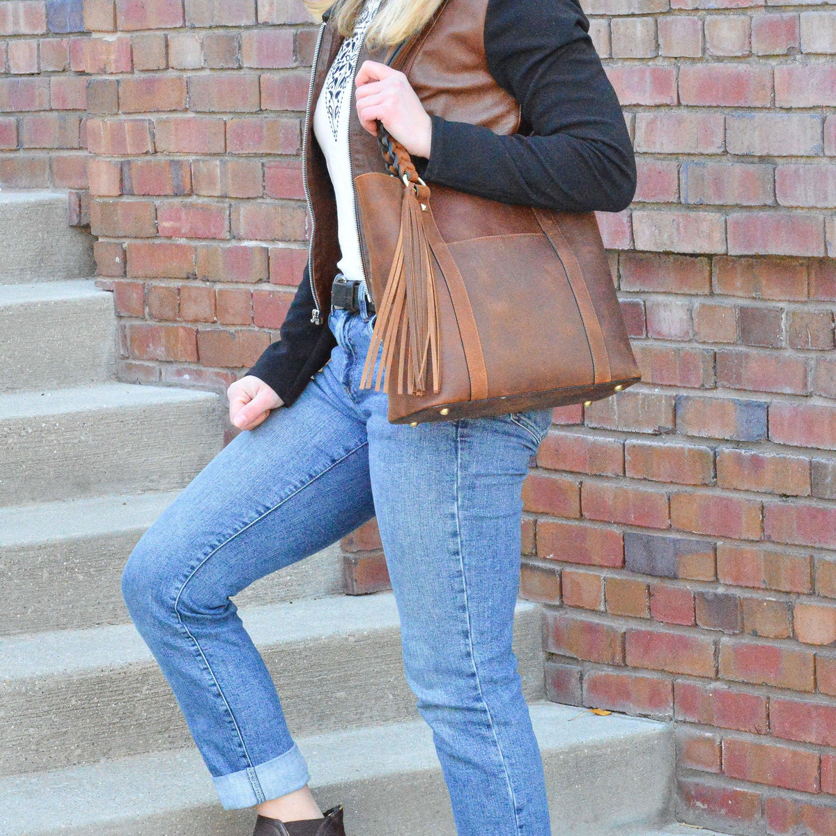 Bella Concealed Carry Leather Tote in Distressed Brown – worn by model