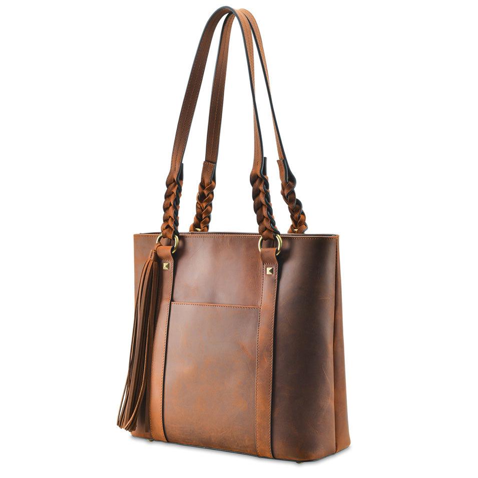 Bella Concealed Carry Leather Tote in Distressed Brown – side view