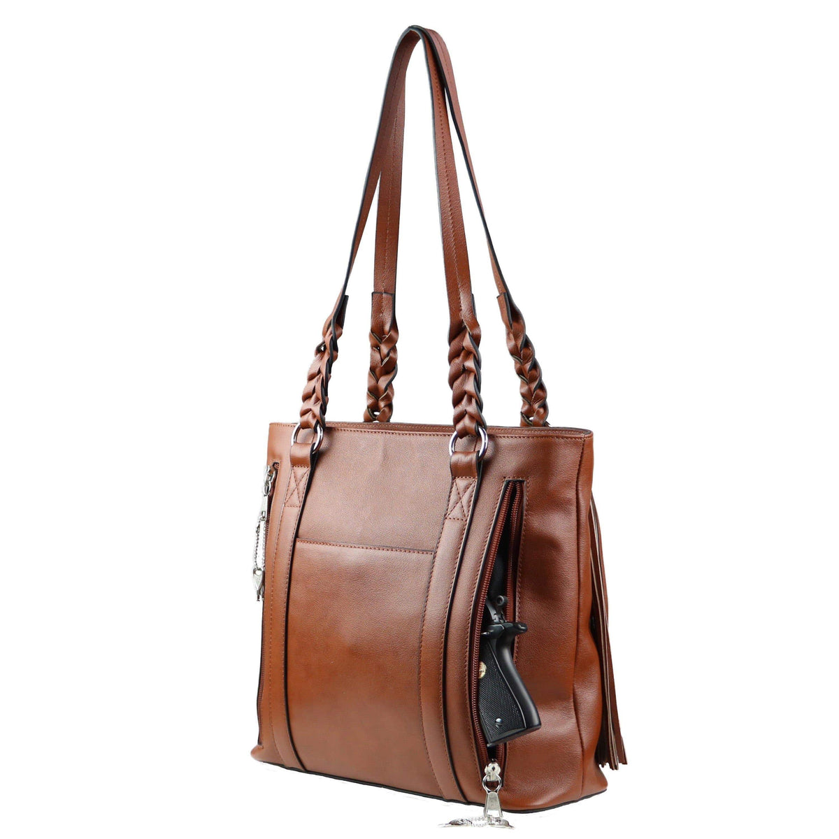 Bella Concealed Carry Leather Tote in Cognac – shown with handgun 2