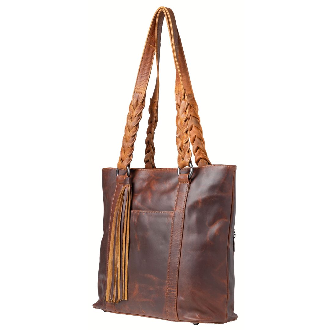 Bella Concealed Carry Leather Tote in Cognac – side view