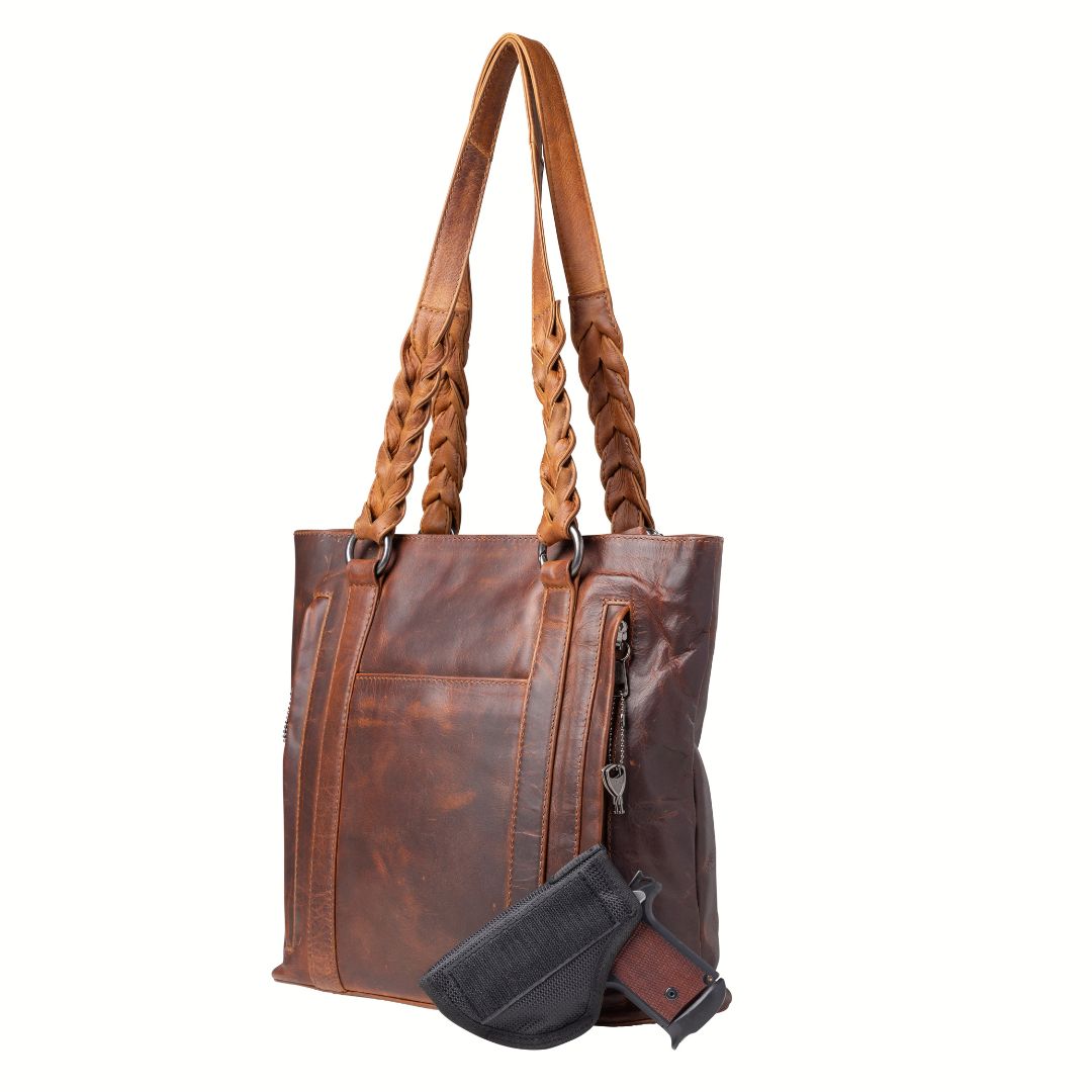 Bella Concealed Carry Leather Tote in Cognac – holster compartment