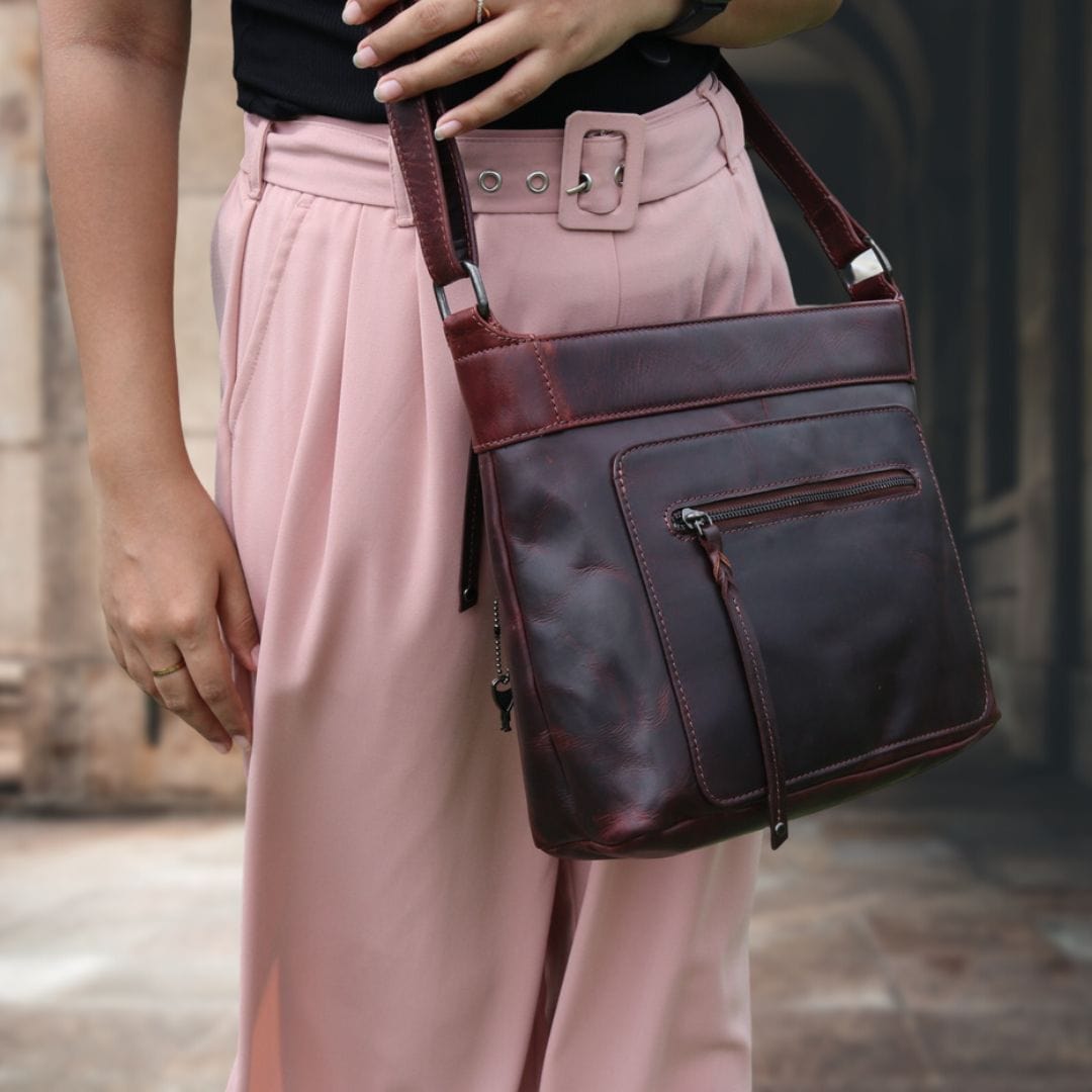 Delaney Concealed Carry Crossbody in Dark Mahogany – worn by model 3