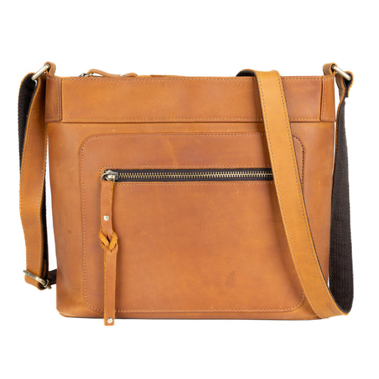 Concealed Carry Delaney Leather Crossbody in Distressed Light Brown – front view