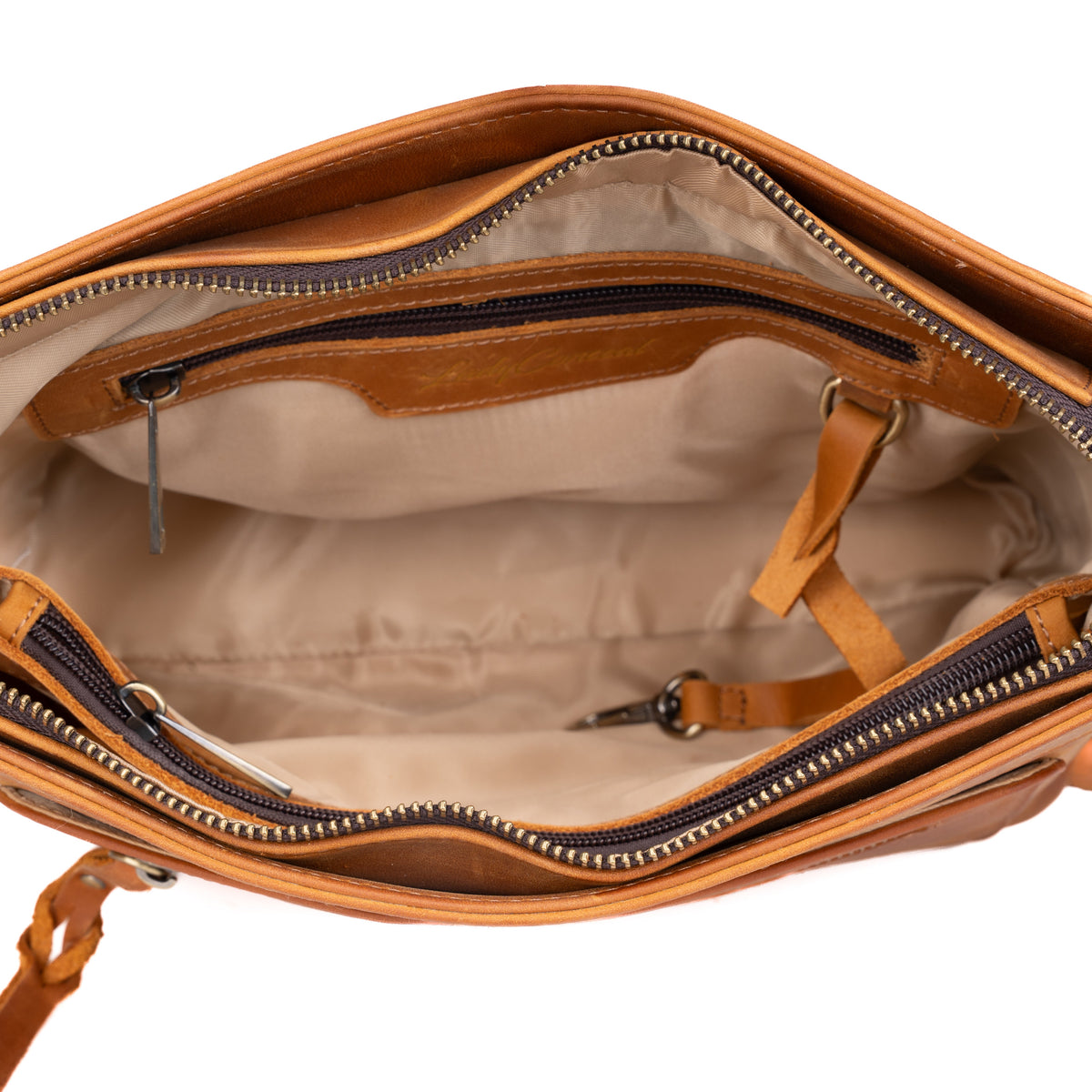 Concealed Carry Delaney Leather Crossbody in Distressed Light Brown – interior view