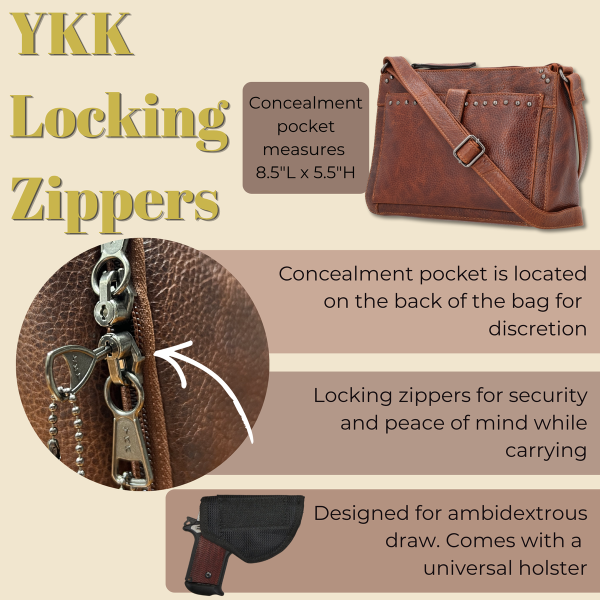 Concealed Carry Leah Buffalo Leather Crossbody with Wallet in Dark Brown – shown with handgun 2