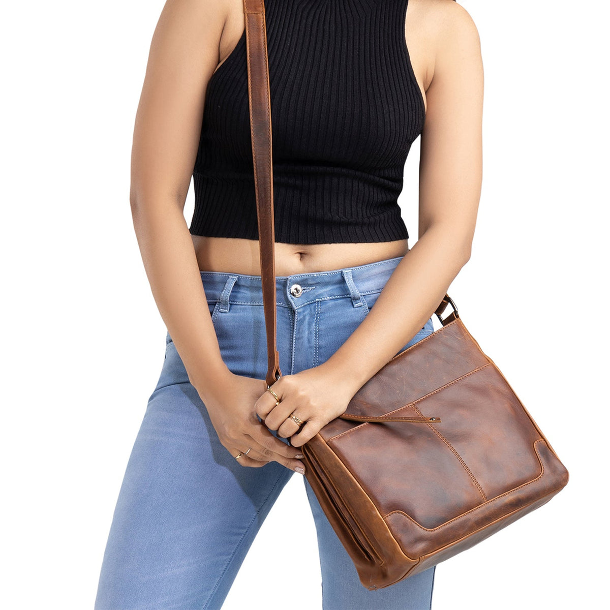 Concealed Carry Lydia Leather Crossbody in Cognac – worn by model