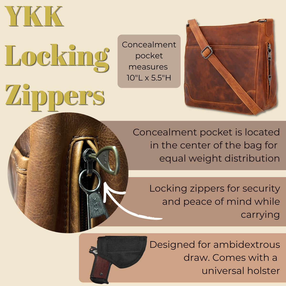 Concealed Carry Lydia Leather Crossbody in Cognac – shown with handgun