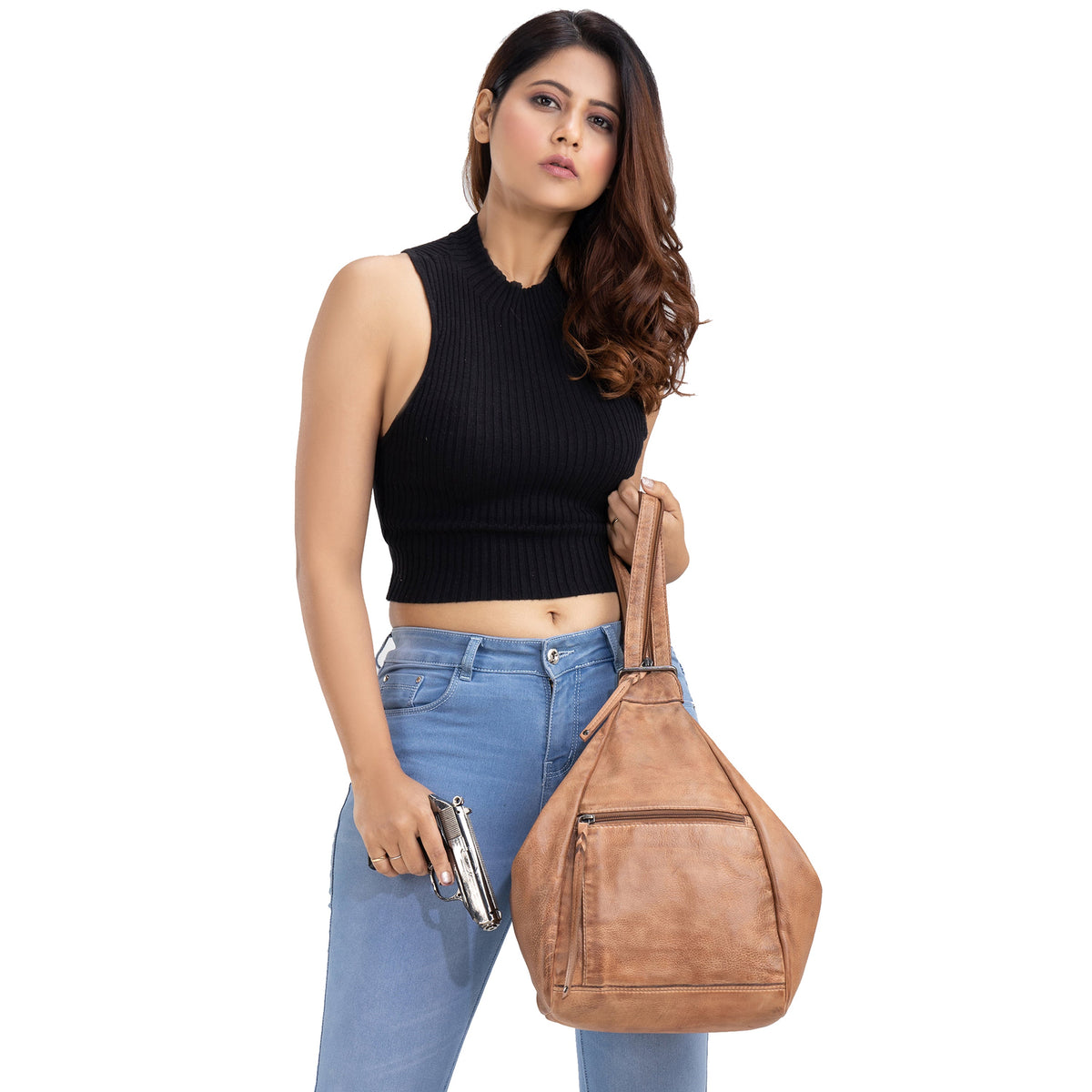 Concealed Carry Marley Backpack in Light Cognac – worn by model