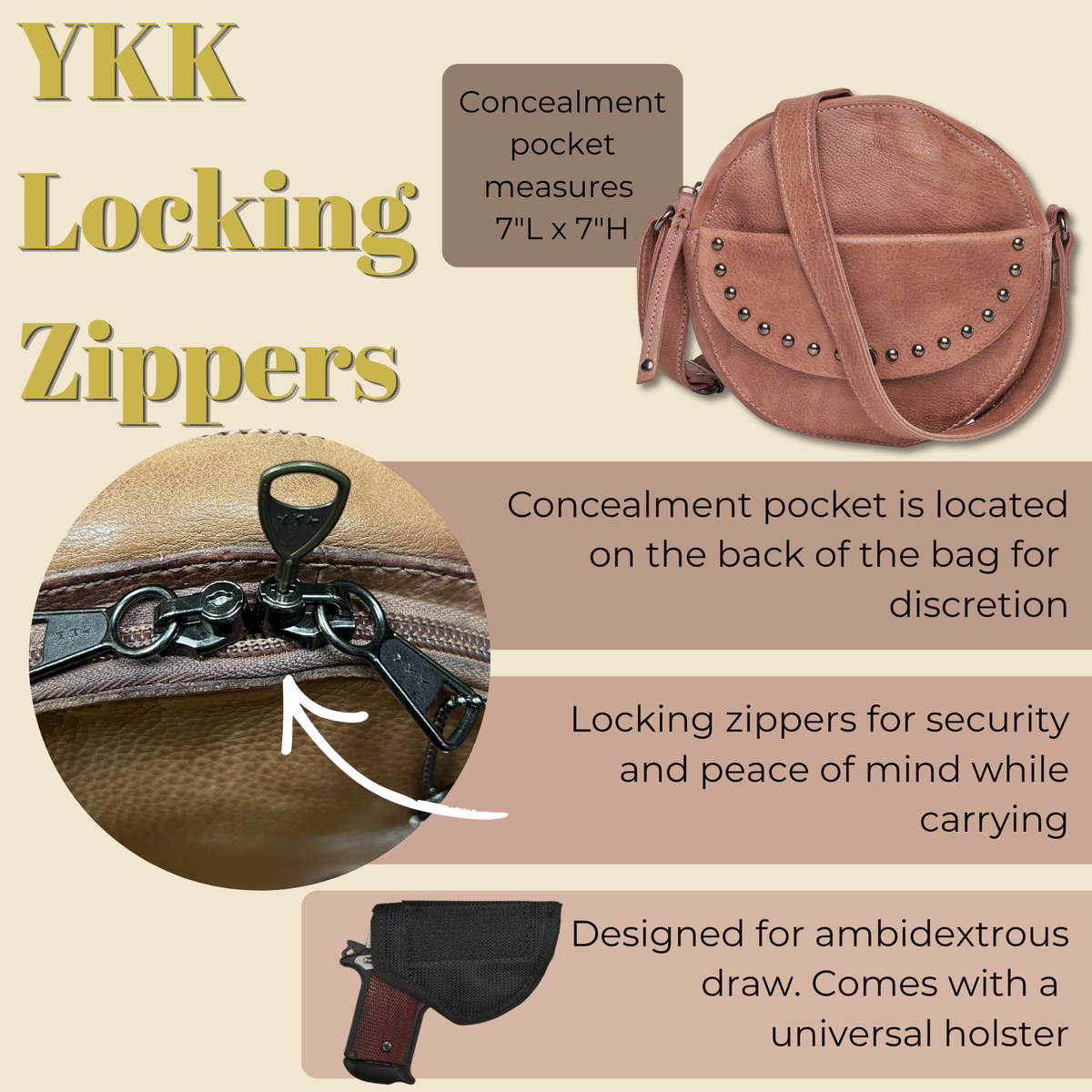 Women's Concealed Carry Mia Crossbody Purse in Blush – shown with handgun 2