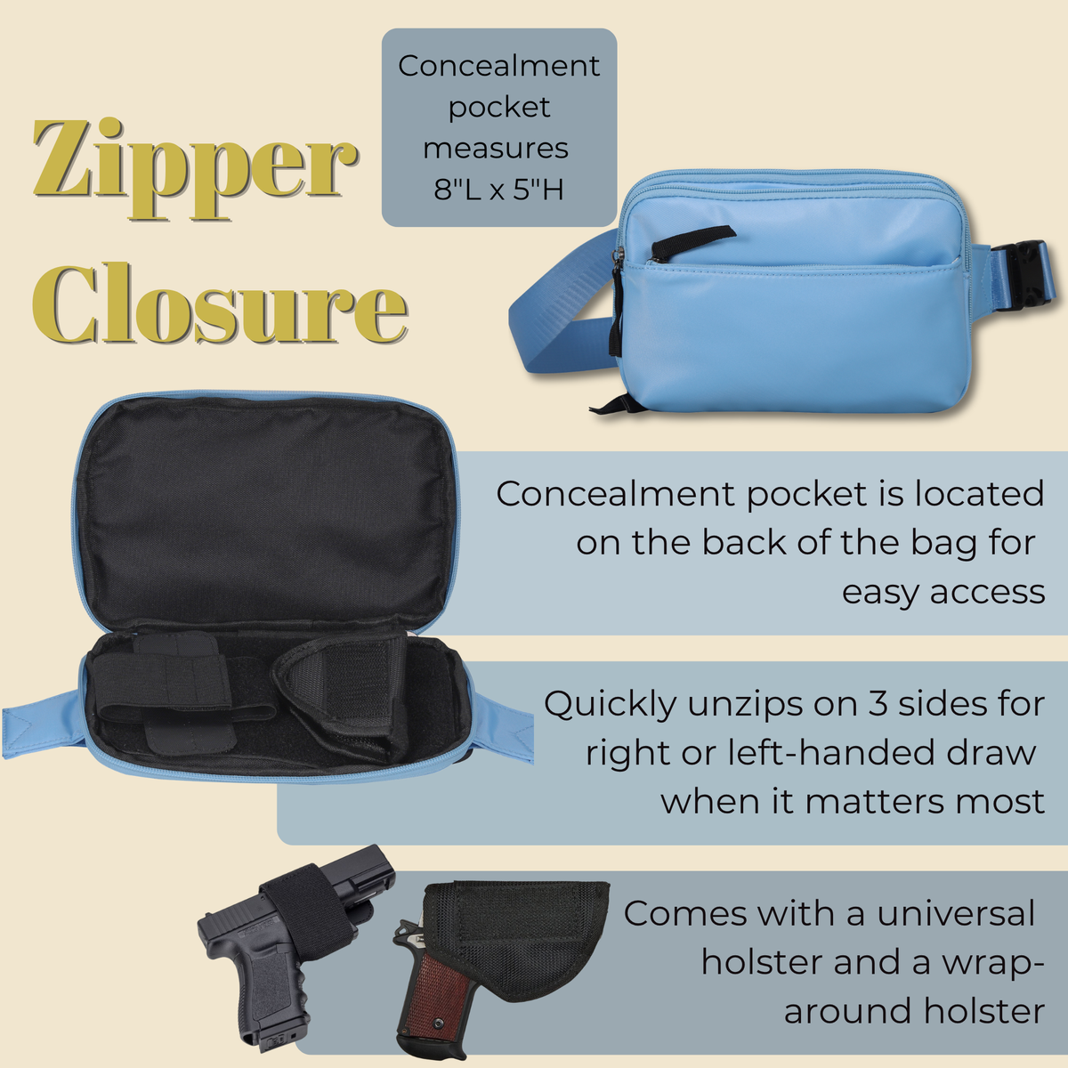 Concealed Carry Molly Nylon Fanny Pack/Sling in Cream – shown with handgun