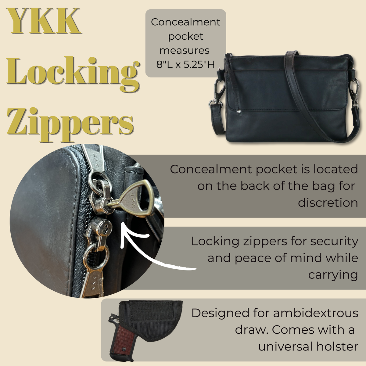 Premium Leather Concealed Carry Natasha Crossbody Bag in Cognac – shown with handgun