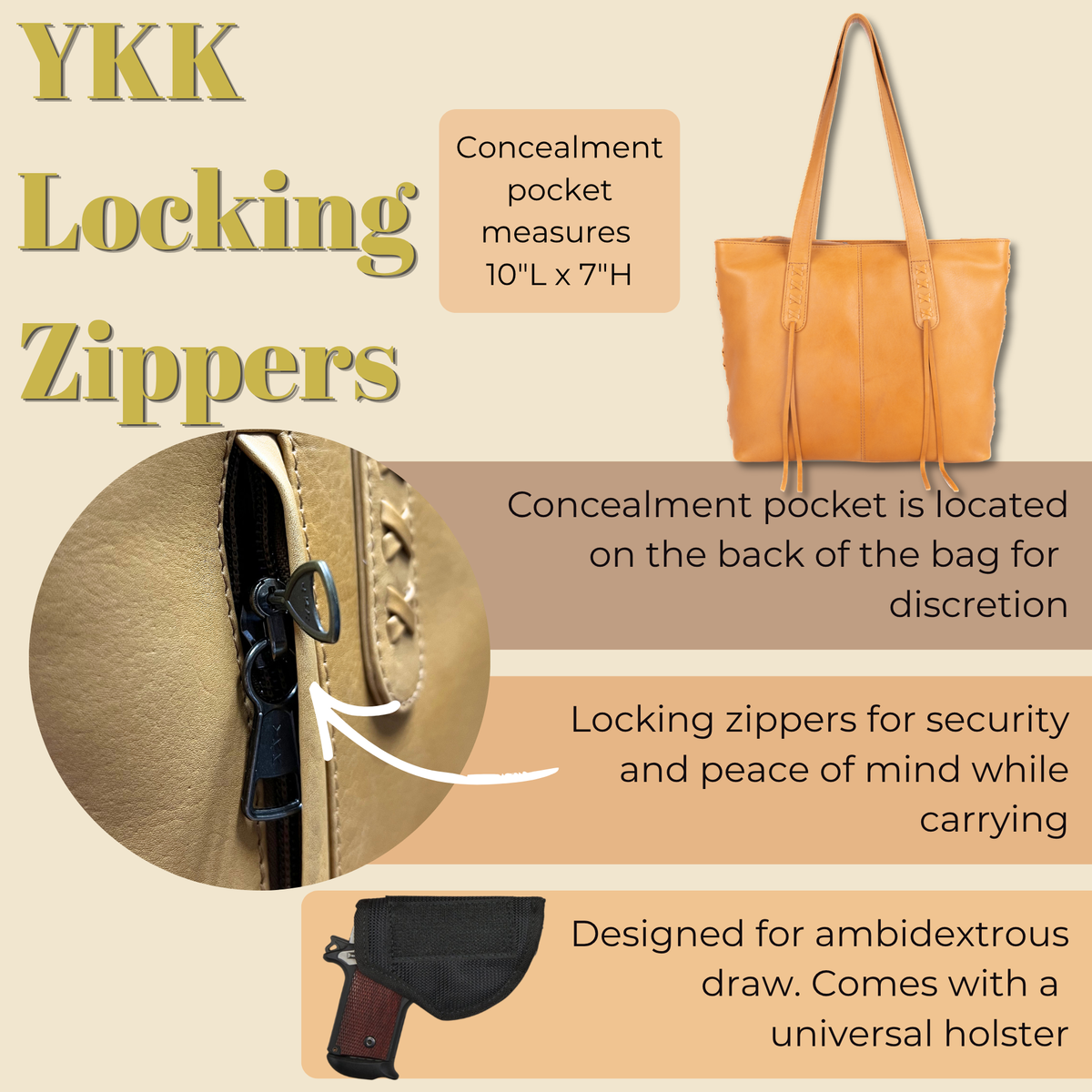 Concealed Carry Norah Leather Tote in Caramel – shown with handgun 2