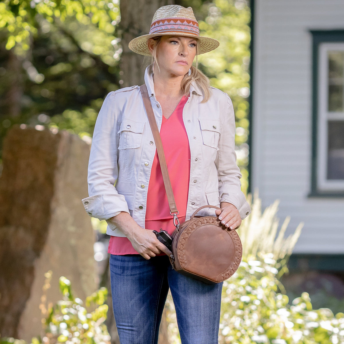 Concealed Carry Oaklee Crossbody Organizer in Cognac – worn by model