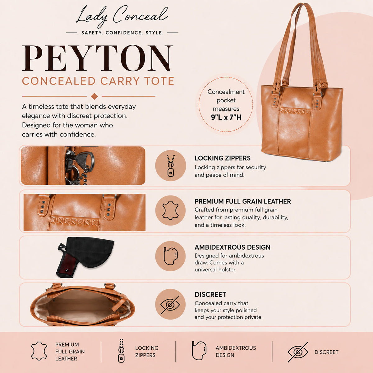 Peyton Leather Concealed Carry Tote in Caramel – additional view 1