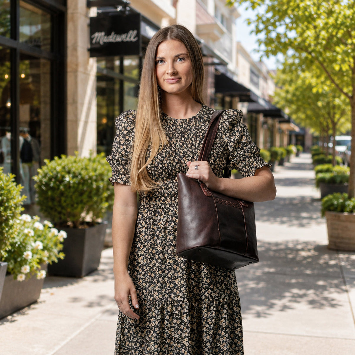 Peyton Leather Concealed Carry Tote in Dark Mahogany – worn by model 2