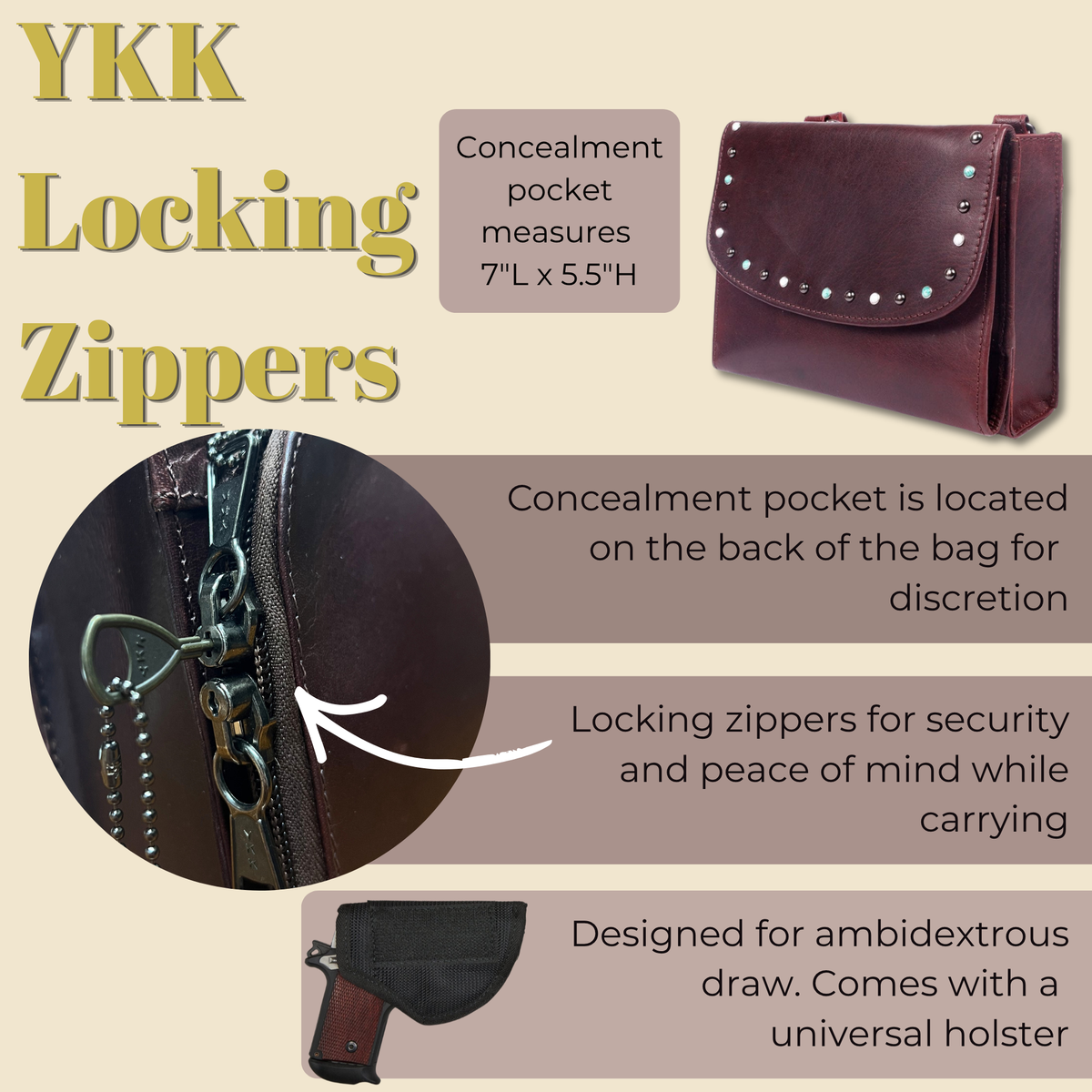 Concealed Carry Raelynn Buffalo Leather Crossbody RFID Organizer in Burgundy – shown with handgun