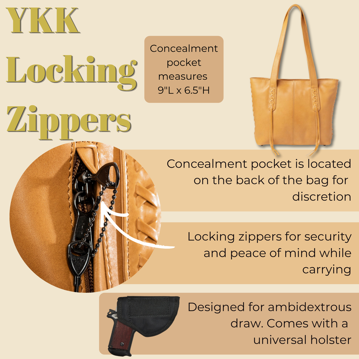 Concealed Carry Reagan Medium Leather Tote in Cognac – shown with handgun 2