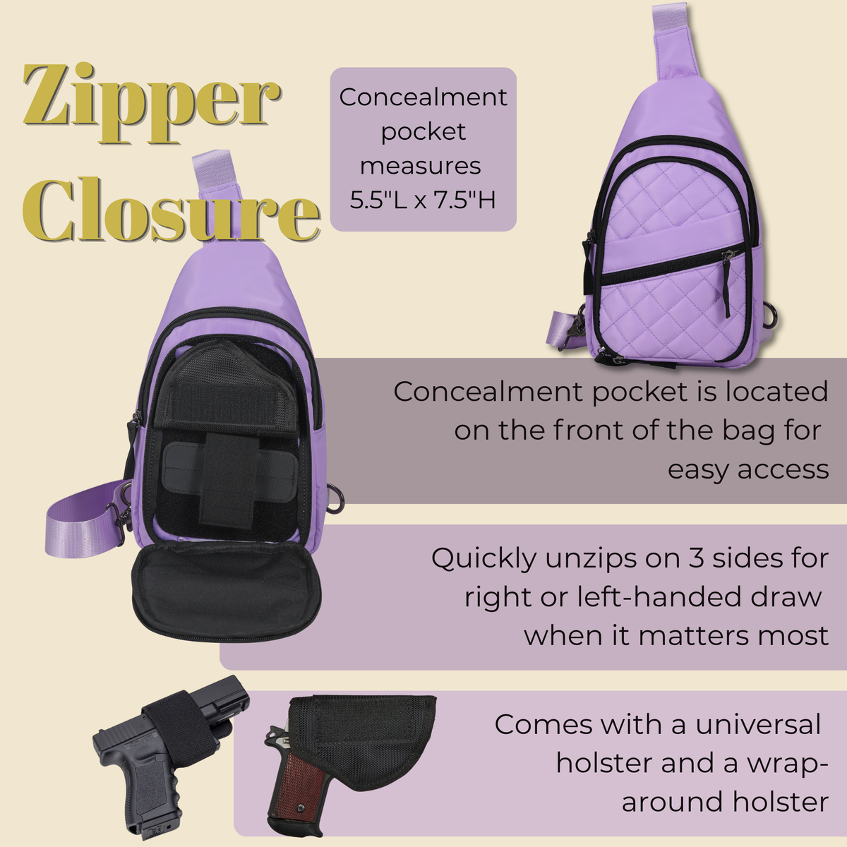 Concealed Carry Sarah Nylon Sling in Lilac – shown with handgun