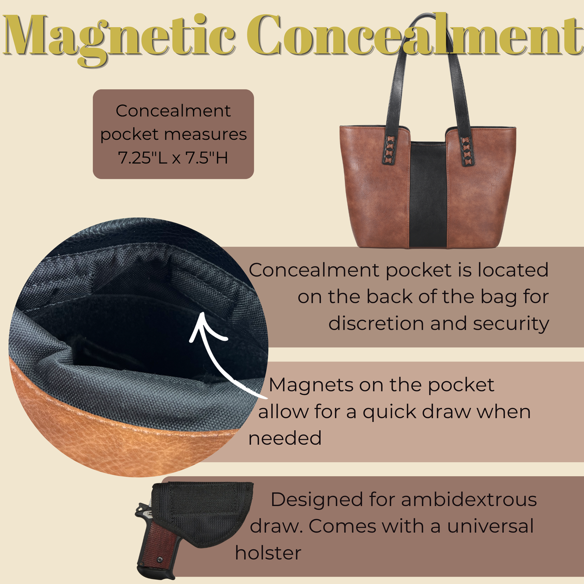 Concealed Carry Wrenley Tote in Mahogany – shown with handgun