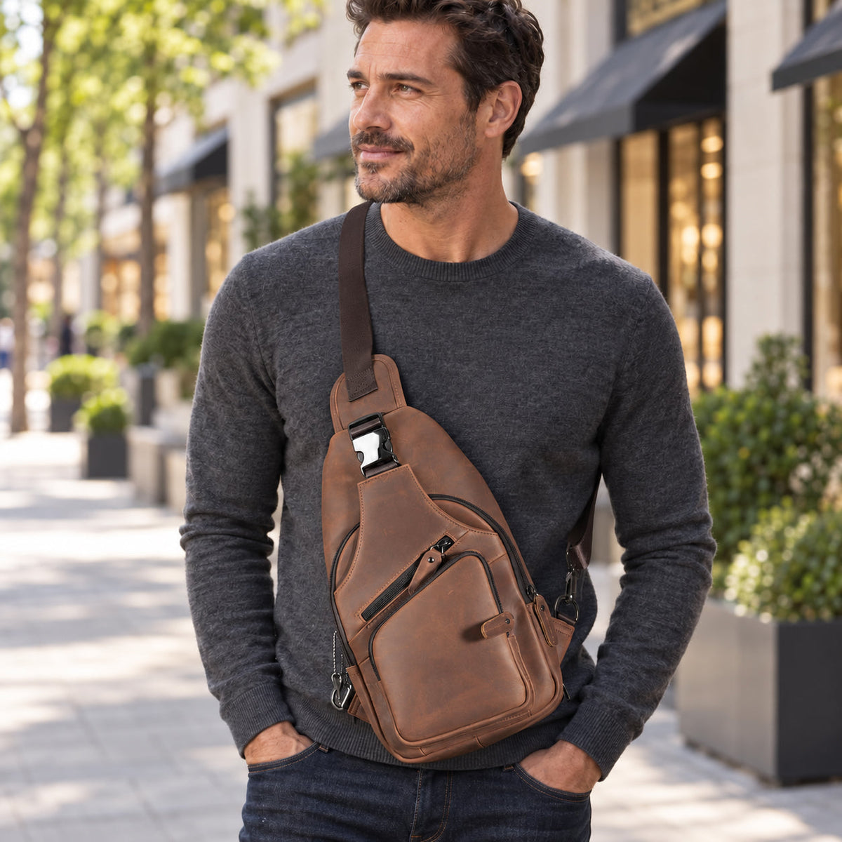 Concealed Carry Xander Leather Sling in Distressed Brown – worn by model