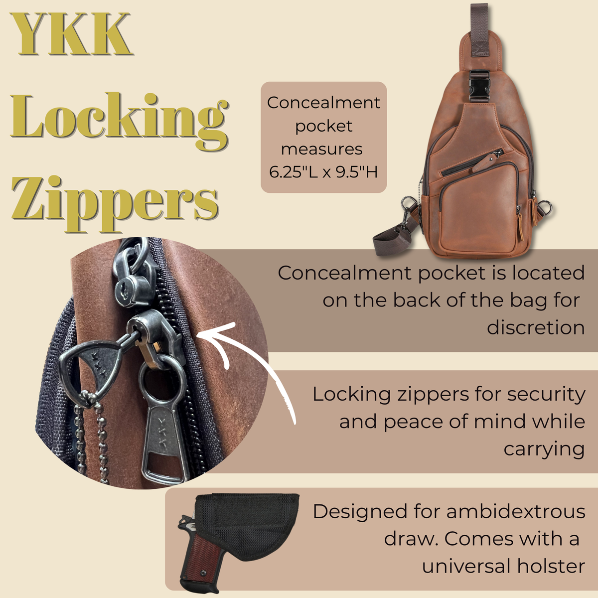 Concealed Carry Xander Leather Sling in Distressed Brown – shown with handgun