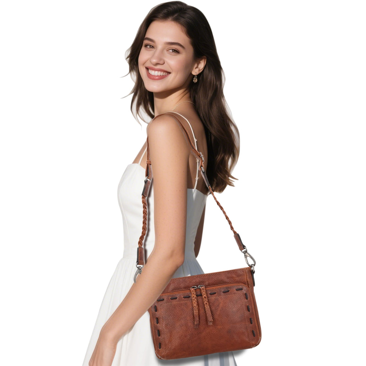 Concealed Carry Zoe Leather Crossbody in Cognac – worn by model