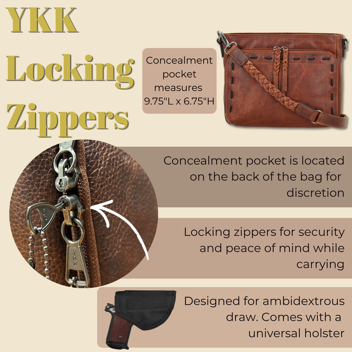 Concealed Carry Zoe Leather Crossbody in Cognac – shown with handgun 2