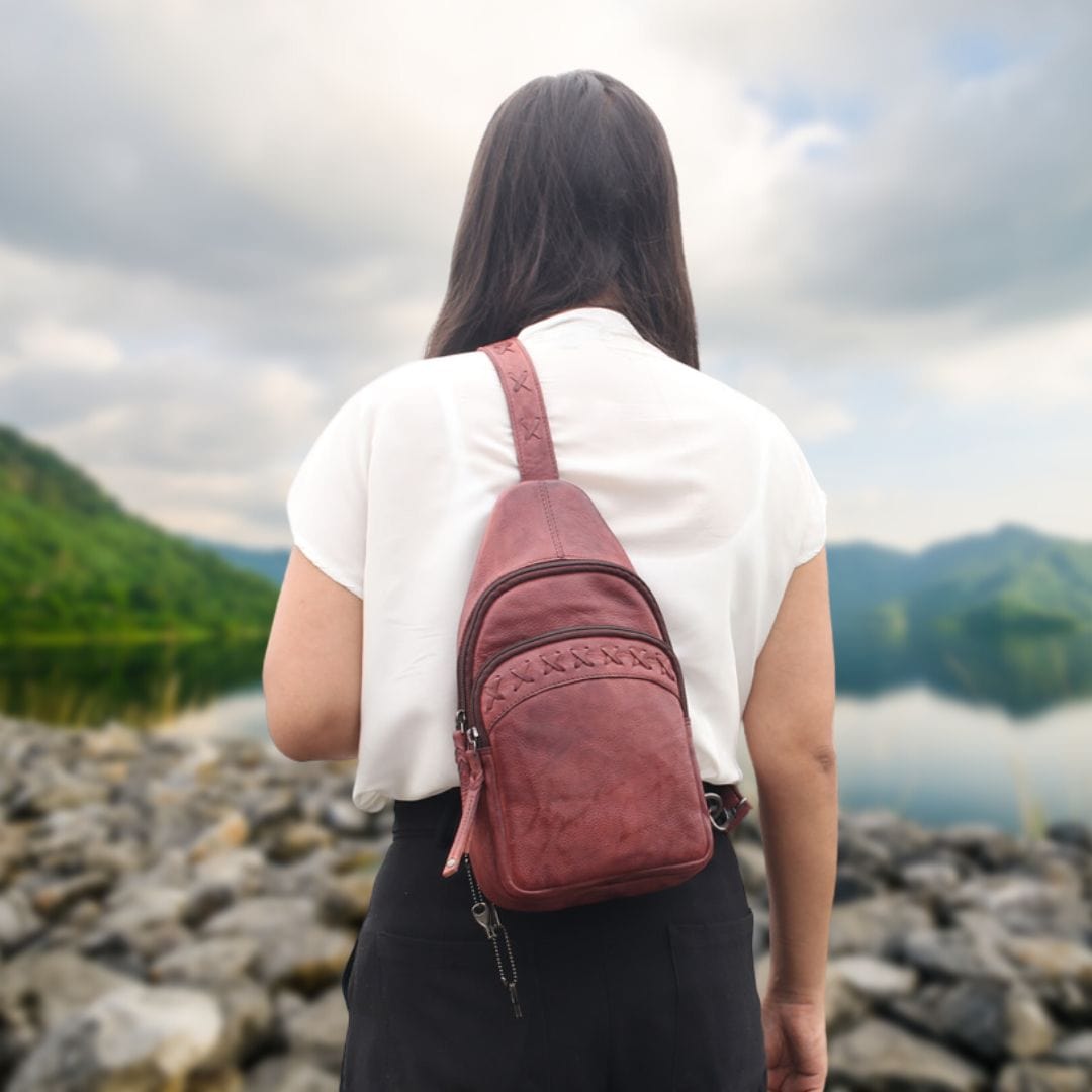 Concealed Carry Unisex Taylor Leather Sling Backpack in Dark Brown – back view 2